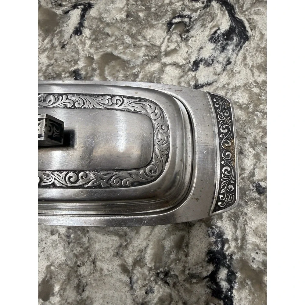 Vintage MCM Metal Ornate Butter Dish With Filigree Design Mid Century